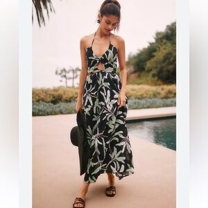 Seafolly  Black, Green, Leaf Print , halter, cut out, open back, Maxi Dress XS